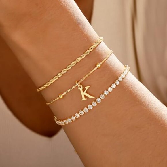 Dainty Gold Bracelets Set Personalized Initial Stackable Tennis Rope Chain - Picture 3 of 8